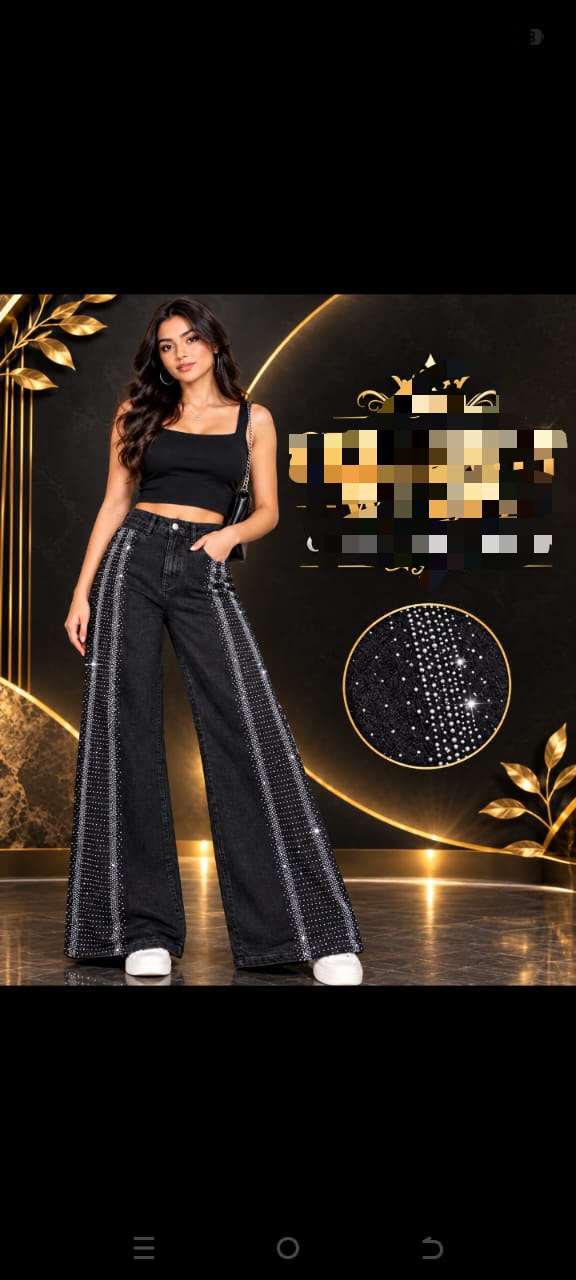 Rhinestone-Striped Black Wide Jeans